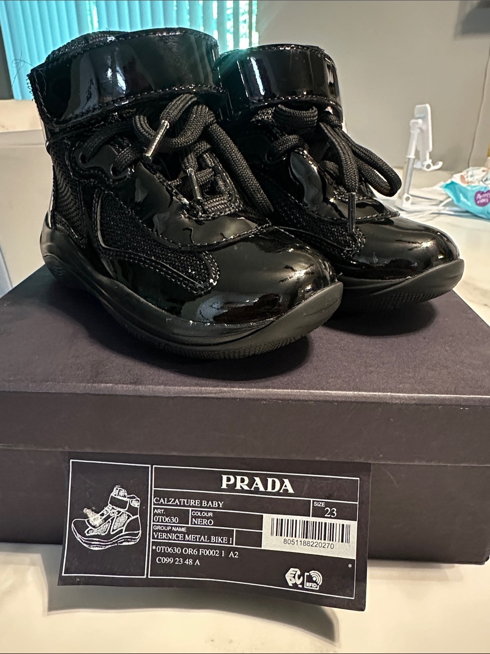 Prada Baby Black Patent Leather High-Top Sneakers